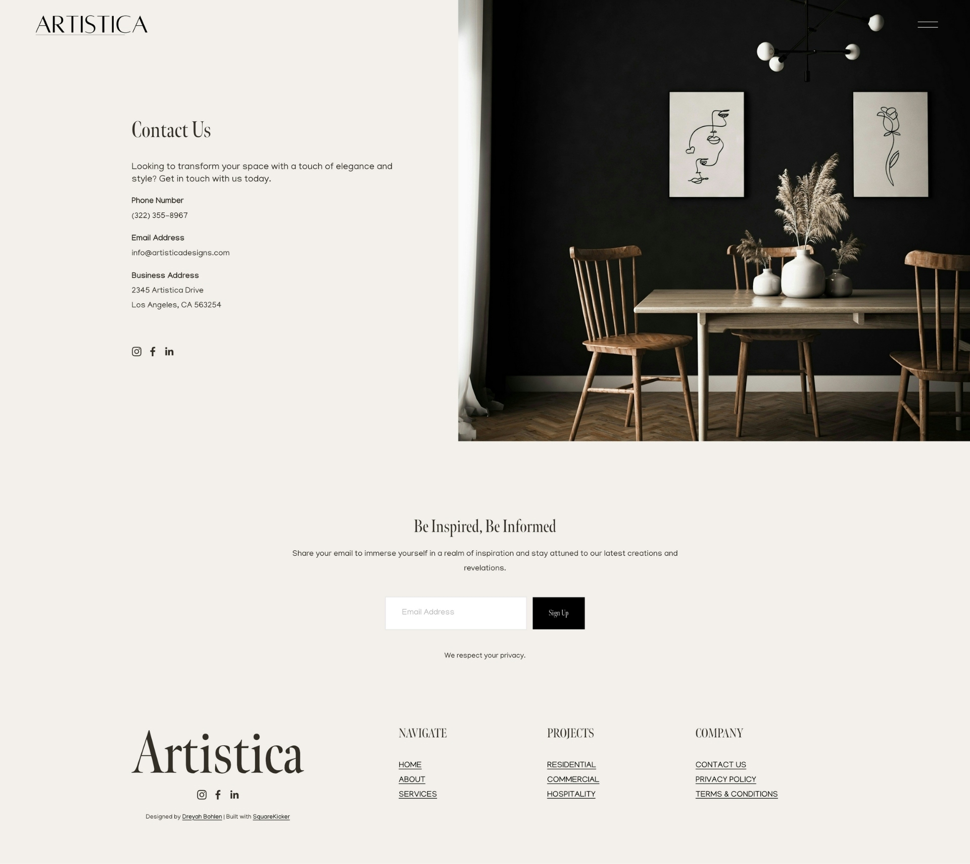 Artistica - Contact Us Screenshot